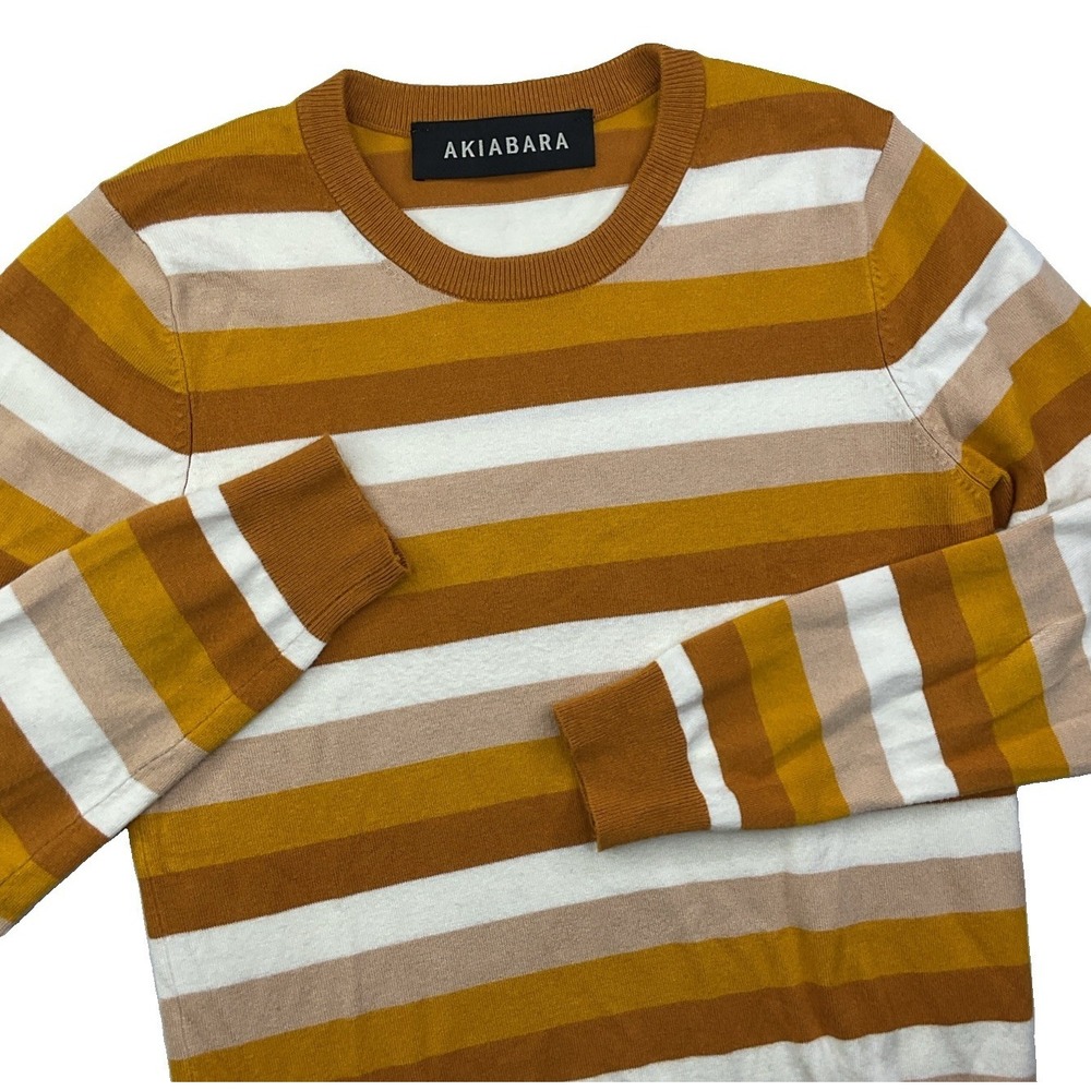 Akiabara Womens Striped Crewneck Lightweight Rayon‎ Knit Sweater Yellow 2